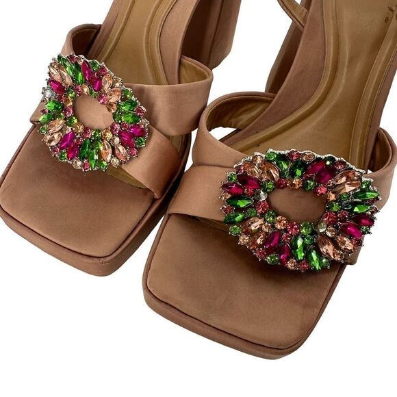 ZARA Rhinestone Embellished Platform Sandal Chunky Heel Sz 41 US 10.5 Tan Satin - Picture 5 of 12